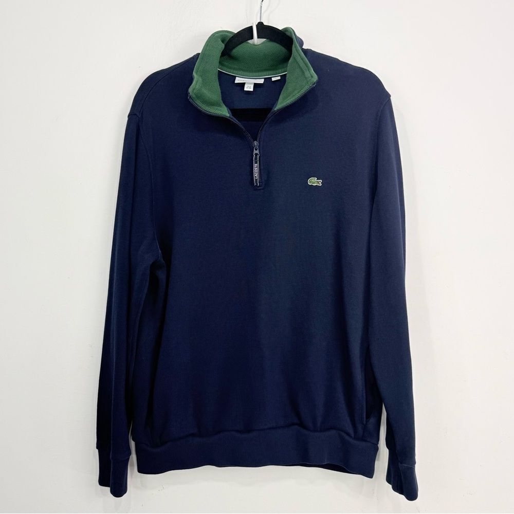 Lacoste Navy Blue Preppy Quarter Zip Pocket Pullover Sweatshirt